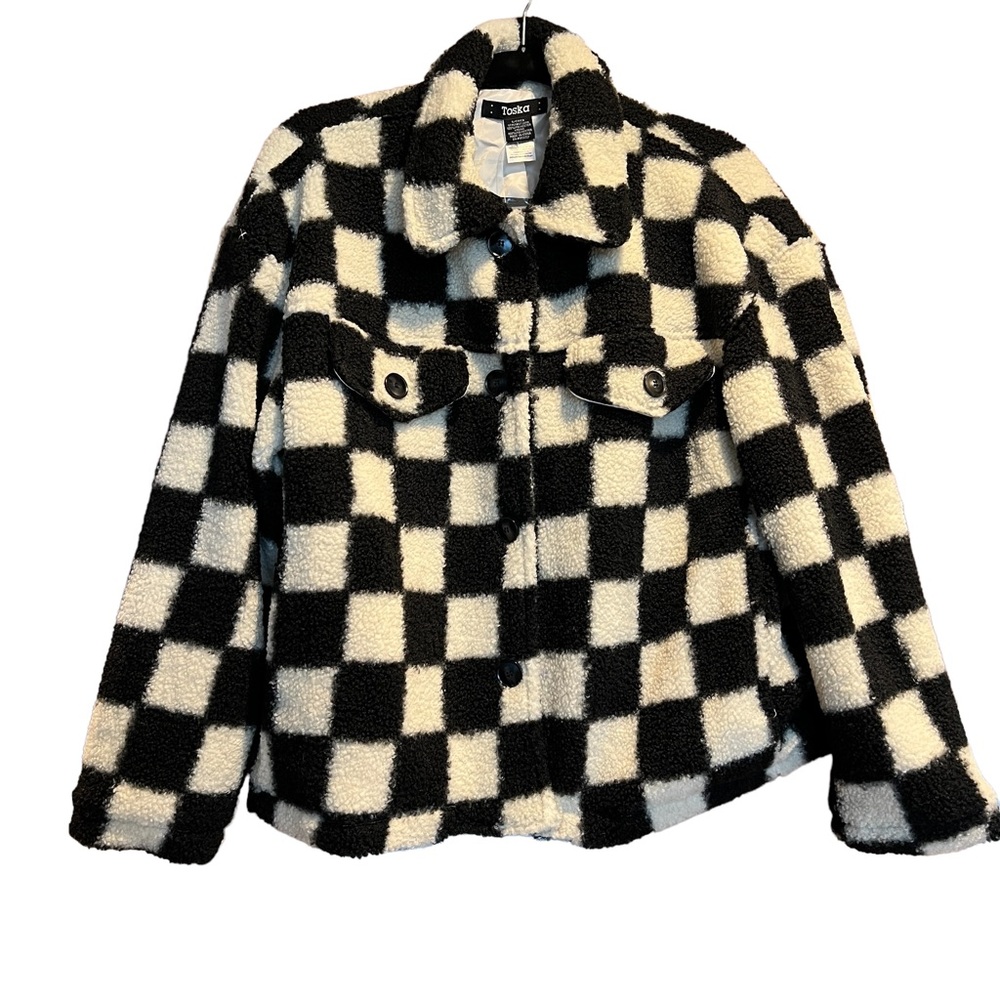 Women’s Black/Cream Checkered Teddy Lined Jacket NWOT
